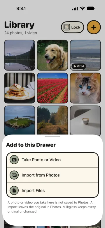 The sheet “Add to this Drawer” with the choices Take Photo or Video, Import from Photos, and Import Files.