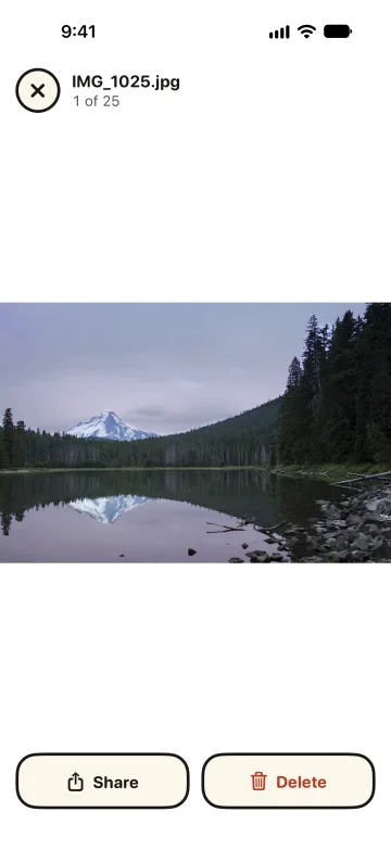 A photo of a mountain lake open at full size inside the Drawer, with Share and Delete below it.