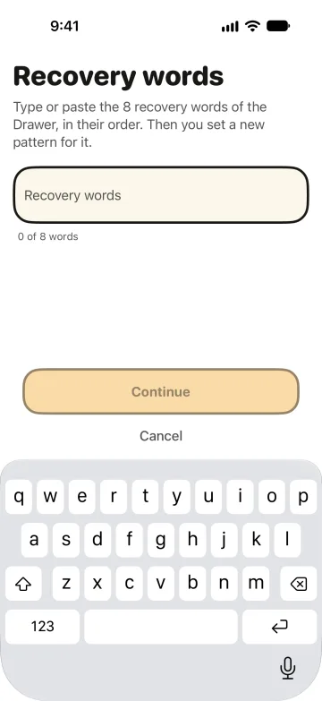 The screen for entering recovery words: a field for the 8 words, the count “0 of 8 words”, Continue, and Cancel.