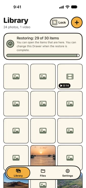 The Library on a new iPhone during a restore: “Restoring: 29 of 30 items”, with a progress bar and tiles that are still arriving.