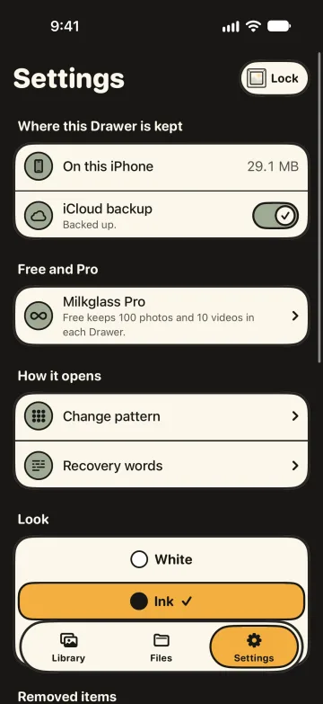 Settings in the ink look. Under Look, Ink is selected.